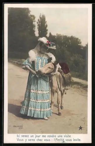 AK Dame und Esel mit Sattel