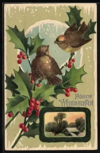 AK Zwei Vögel auf einem Stechpalmenzweig, Haus, Eiszapfen, Weihnachtsgruss