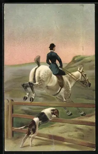 AK Reiter beim Hürdensprung, mit Hund