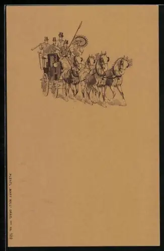 Präge-AK Gesellschaft mit Schirm in einer Pferdekutsche