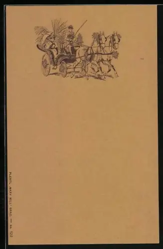 Präge-AK Dame mit Schirm lässt sich in einer Pferdekutsche fahren