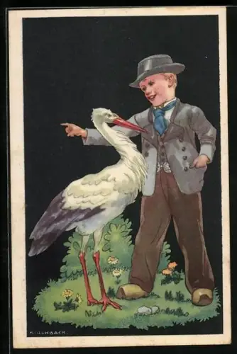 AK Knabe im Dialog mit einem Storch
