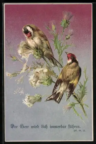 AK Zwei Vögel auf einem Distelzweig, Bibelspruch