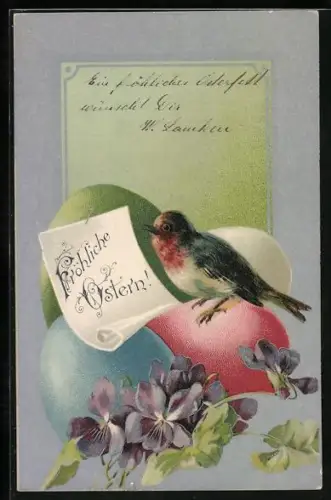 AK Rotkehlchen auf Ostereiern, Ostergruss
