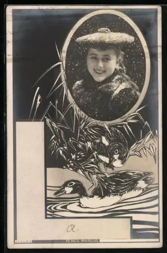 AK Enten an einem Gewässer, Mädchenportrait