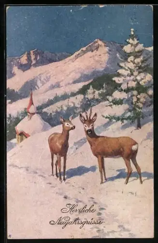 AK Zwei Rehe auf einer Strasse im Schnee, Kirche, Neujahrsgruss
