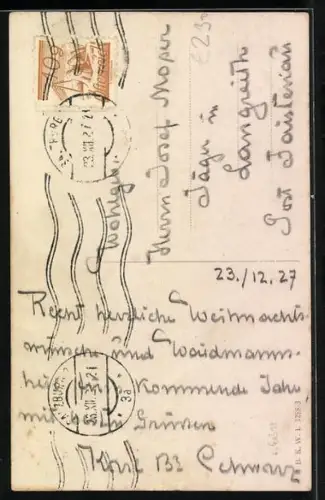 AK Zwei Rehe auf einer Strasse im Schnee, Kirche, Neujahrsgruss