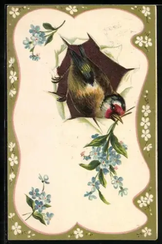 AK Vogel mit Vergissmeinnicht im Schnabel