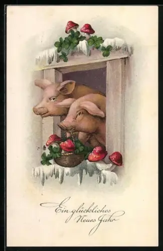 AK Zwei Schweine mit Fliegenpilzen u. Glücksklee, Neujahrsgruss