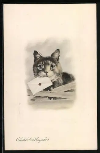AK Katze mit versiegeltem Brief, Neujahrsgruss