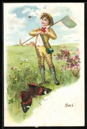 Lithographie Juni, Junger Schmetterlingsfänger mit Kescher und fliegende Schmetterlinge