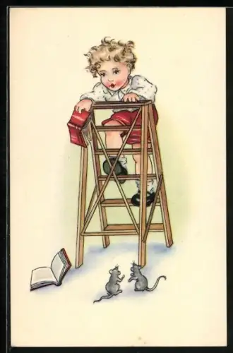 AK Kind auf einer Leiter und Mäusepaar am Boden