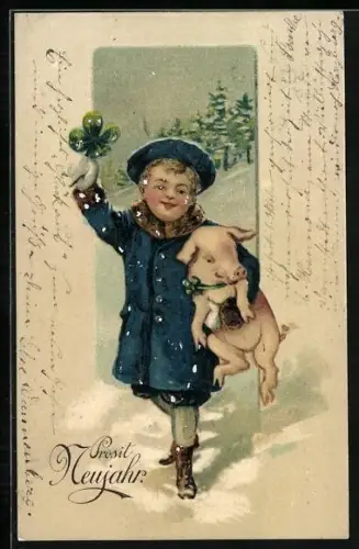 AK Mädchen mit Glücksklee und Ferkel im Schnee, Neujahrsgruss