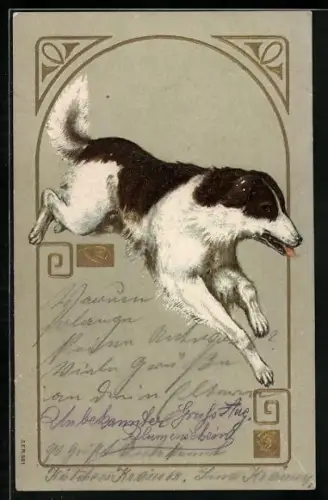 AK Jagdhund im Sprung, Ornament-Rahmen