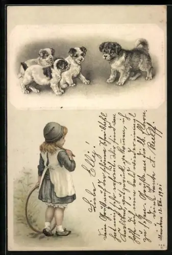 Lithographie Mädchen mit Spielreif, Hundewelpen