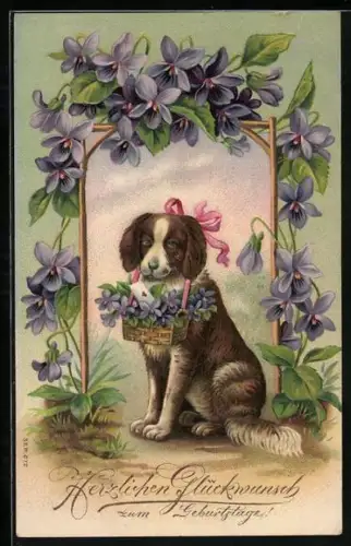 AK Hund als Gratulant mit Blumenkörbchen, Blumen-Rahmen, Geburtstagsgruss