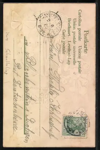 Lithographie Schmetterling, Primel, Birken und Maikäfer, Pfingstgruss