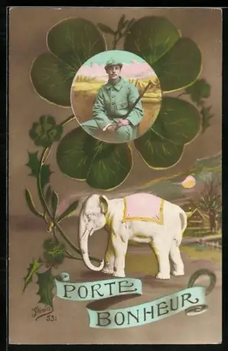 AK Porte Bonheur, Soldat mit Gewehr, Glücksklee, Elefant, Mond-Idylle