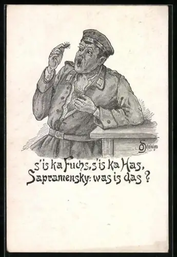 Künstler-AK O. Schmiedgen: s` is ka Fuchs, s` is ka Has..., Soldat mit Laus, Scherz