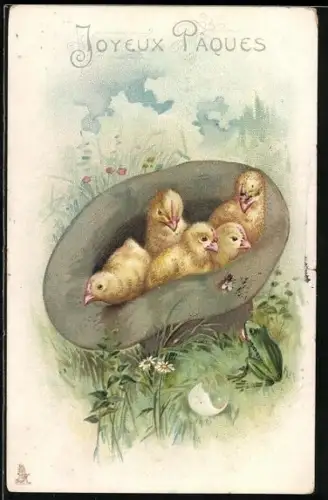 AK Küken in einem Hut, Fliege und Frosch, Ostergruss
