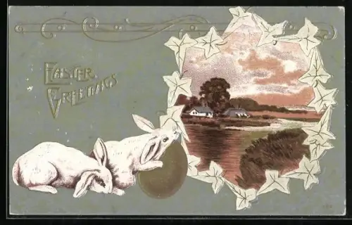 Präge-AK Zwei Osterhasen mit einem Osterei, Easter Greetings