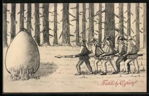 Künstler-AK Zwerge zielen mit einem Speer auf ein Osterei, Fröhliche Ostern