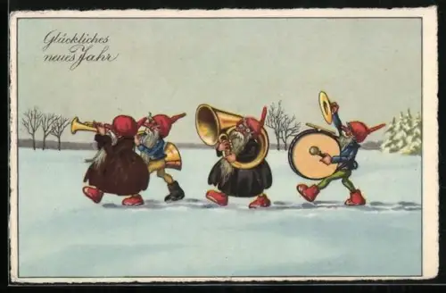 Künstler-AK Zwerge laufen musizierend durch den Schnee, Glückliches neues Jahr
