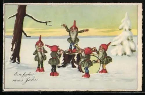 Künstler-AK Zwerge machen Musik in einer Schneelandschaft