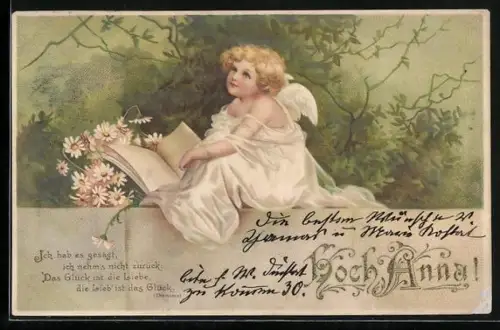 Lithographie Engel sitzt mit einem Buch und Blumen auf einer Mauer, Hoch Anna!, Namenstag