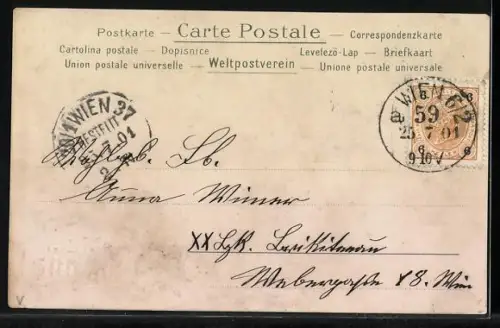 Lithographie Engel sitzt mit einem Buch und Blumen auf einer Mauer, Hoch Anna!, Namenstag