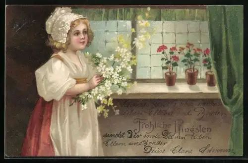 Lithographie Mädchen mit Blumenstrauss steht an einem Fenster, Fröhliche Pfingsten