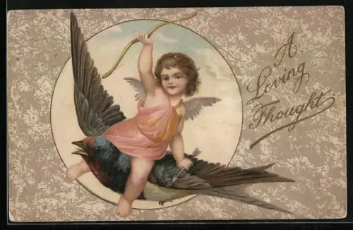 Präge-AK Amor reitet auf einer Schwalbe, A loving Thought