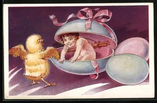 Künstler-AK Amor erschreckt ein Osterküken
