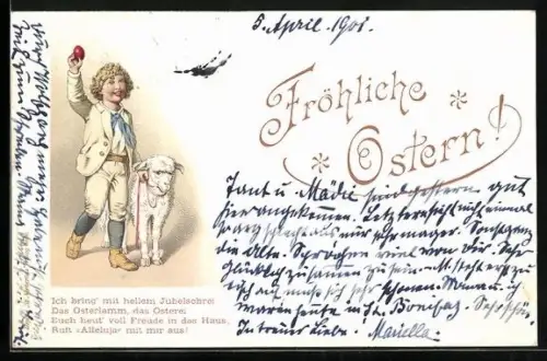 Lithographie Junge mit Osterlamm hält triumphierend ein Osterei hoch