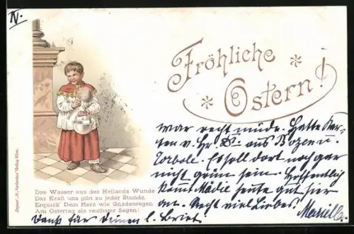 Lithographie Junge mit Weihwasser in einer Kirche, Fröhliche Ostern