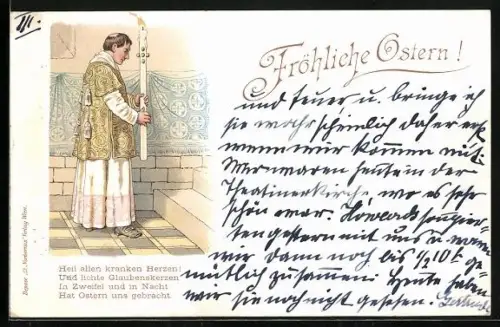 Lithographie Priester mit brennender Kerze in einer Kirche, Gedicht, Fröhliche Ostern