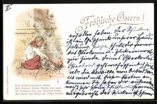 Lithographie Kind mit Weihrauch in einer Kirche, Gedicht, Fröhliche Ostern