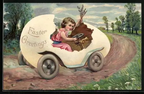 AK Osterengel fährt in einem Osterei Auto durch die Landschaft, Easter Greetings