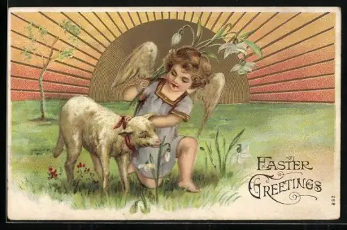 Präge-AK Osterengel mit einem Osterlamm, Easter Greetings