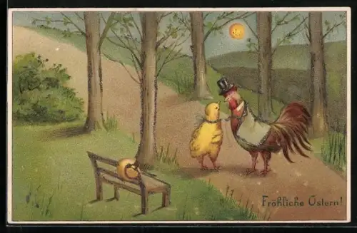 Lithographie Osterküken trifft sich mit einem Hahn, Fröhliche Ostern