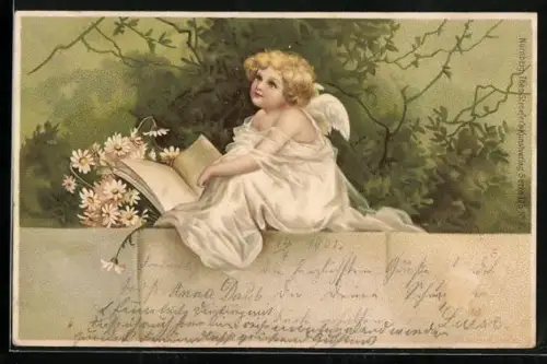 Lithographie Engel sitzt mit Buch und Blumen auf einer Mauer