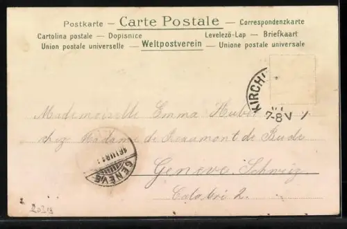 Lithographie Engel sitzt mit Buch und Blumen auf einer Mauer