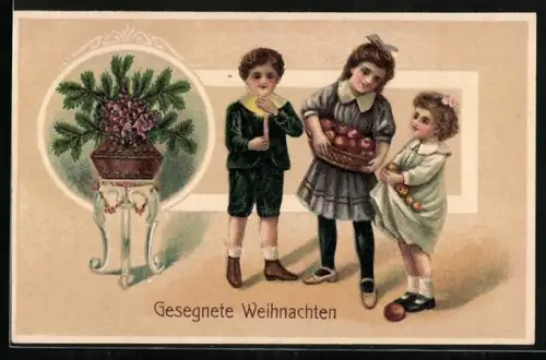 Präge-AK Drei Kinder mit Äpfeln zu Weihnachten
