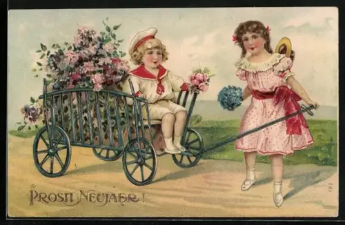 Präge-AK Lind sitzt in einem Blumenkarren, Prosit Neujahr