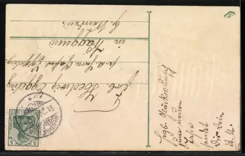 Präge-AK Lind sitzt in einem Blumenkarren, Prosit Neujahr