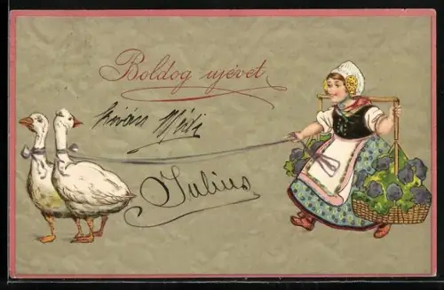 Präge-AK Mädchen mit zwei Gänsen, Boldog ujevet