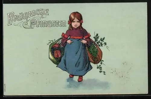 Präge-AK Mädchen trägt Maikäfer und grüne Zweige, Fröhliche Pfingsten