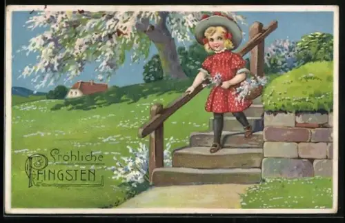 Künstler-AK Mädchen in gepunktetem Kleid trägt einen Blumenkorb, Fröhliche Pfingsten