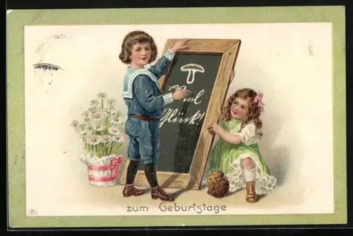 Künstler-AK Junge malt auf einer Tafel, Viel Glück zum Geburtstag