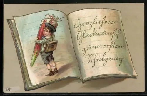 Künstler-AK Kleiner Junge mit Schultasche und grosser Schultüte